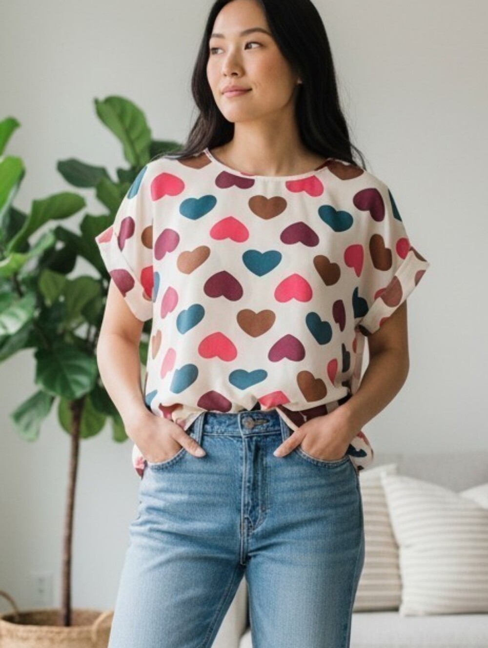 Y2K Retro Heart Print Top Short Ciff Sleeve Crean Burgundy Romantic